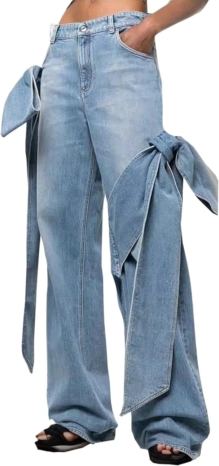 

NATHGAM женские джинсы прямого кроя Y2k мешковатые с бантом casual деним брюки милые завышенная талия трендовые широкие штаны streetwear