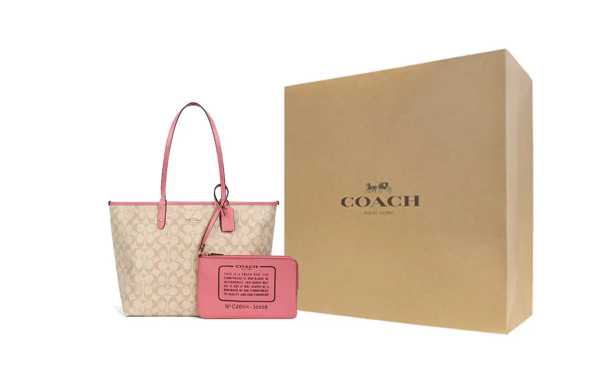 

COACH Сумка-шоппер из холста с кожаными вставками комбинированная женская большая через плечо бежевая и розовая
