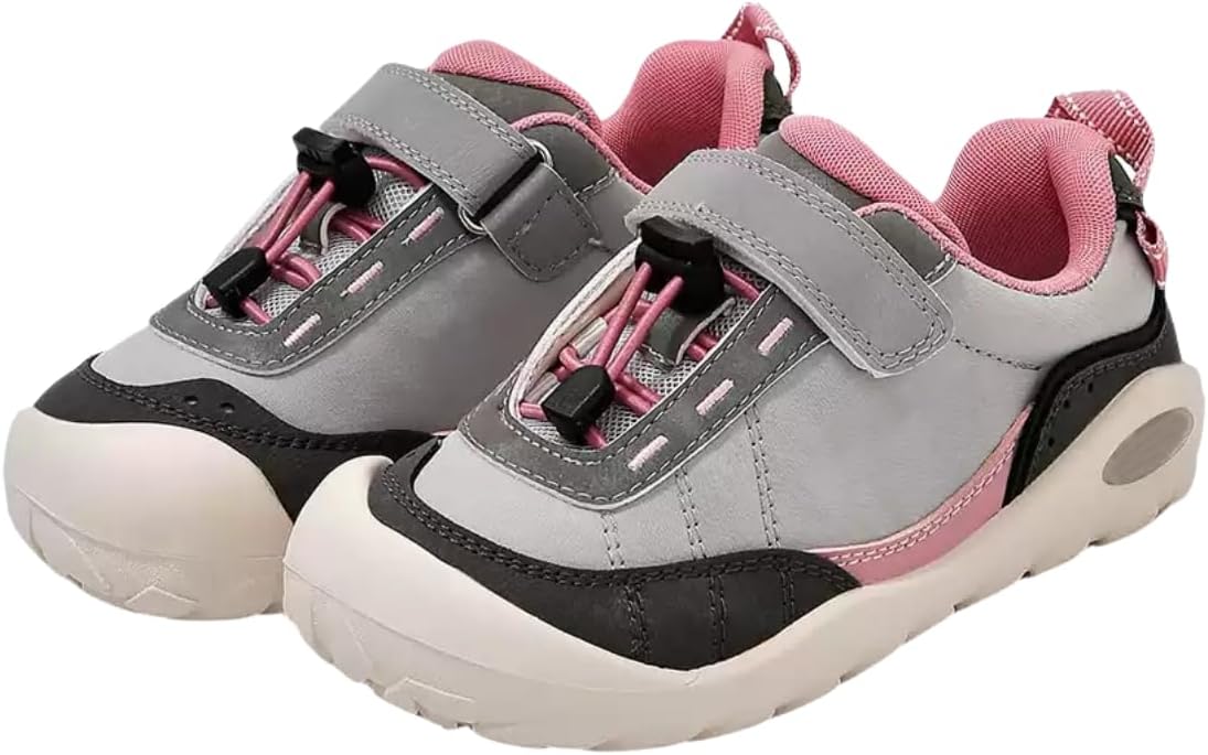 

Детские спортивные кроссовки, серо-розовые с черным, искусственная кожа, застежка-липучка, противоскользящая резиновая подошва, дышащие комфортные обувь Generic