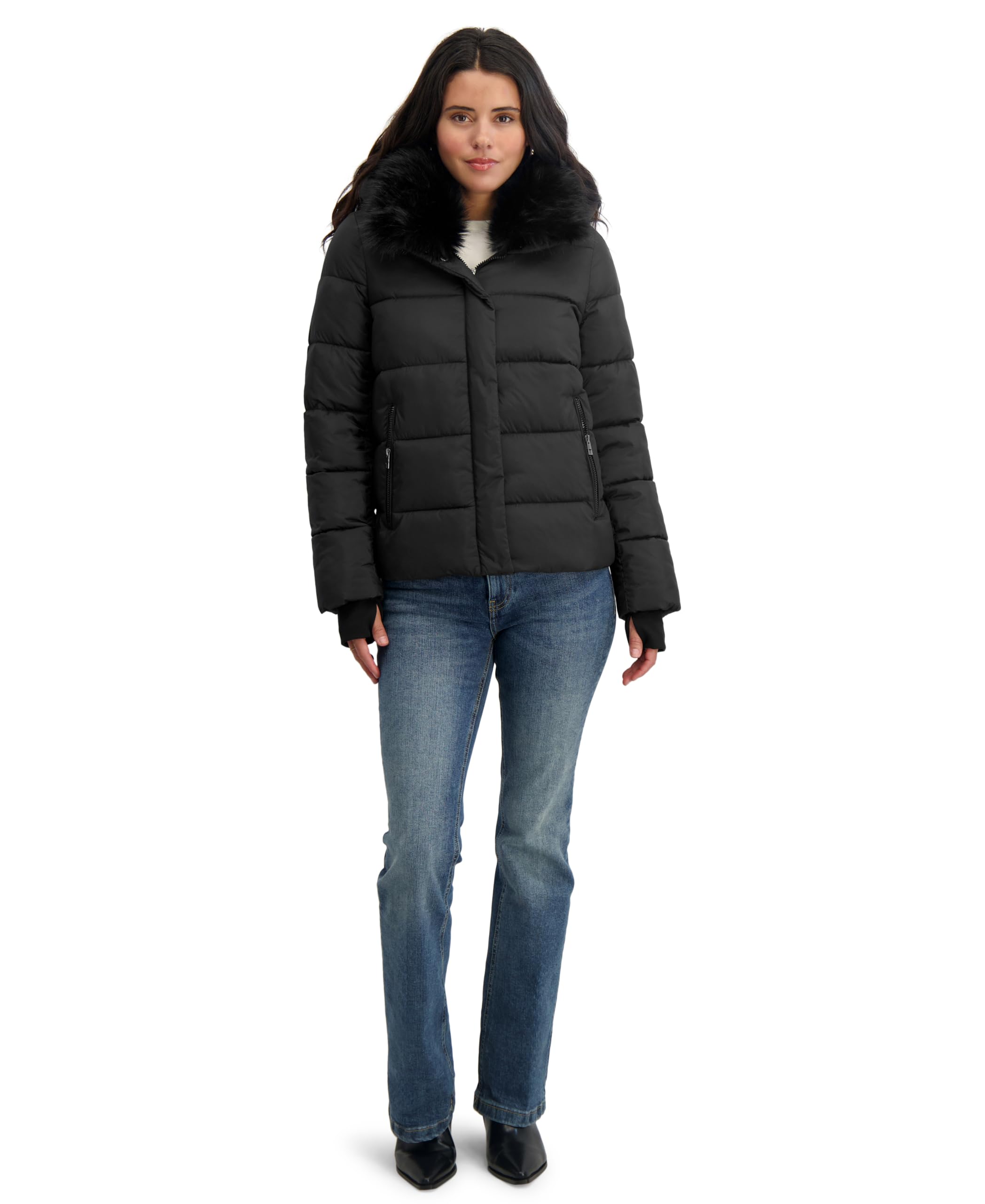 

Женская короткая стеганая куртка TAHARI с воротником из искусственного меха и съемным капюшоном Tahari, черный