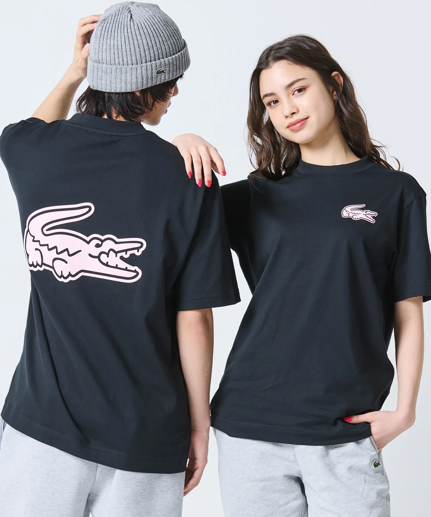 Унисекс футболка оверсайз с принтом LACOSTE чёрно-розовая