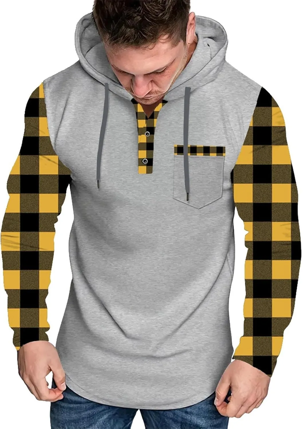 

Мужской модный худи Slim Fit с длинным рукавом и клетчатым принтом OTSANT