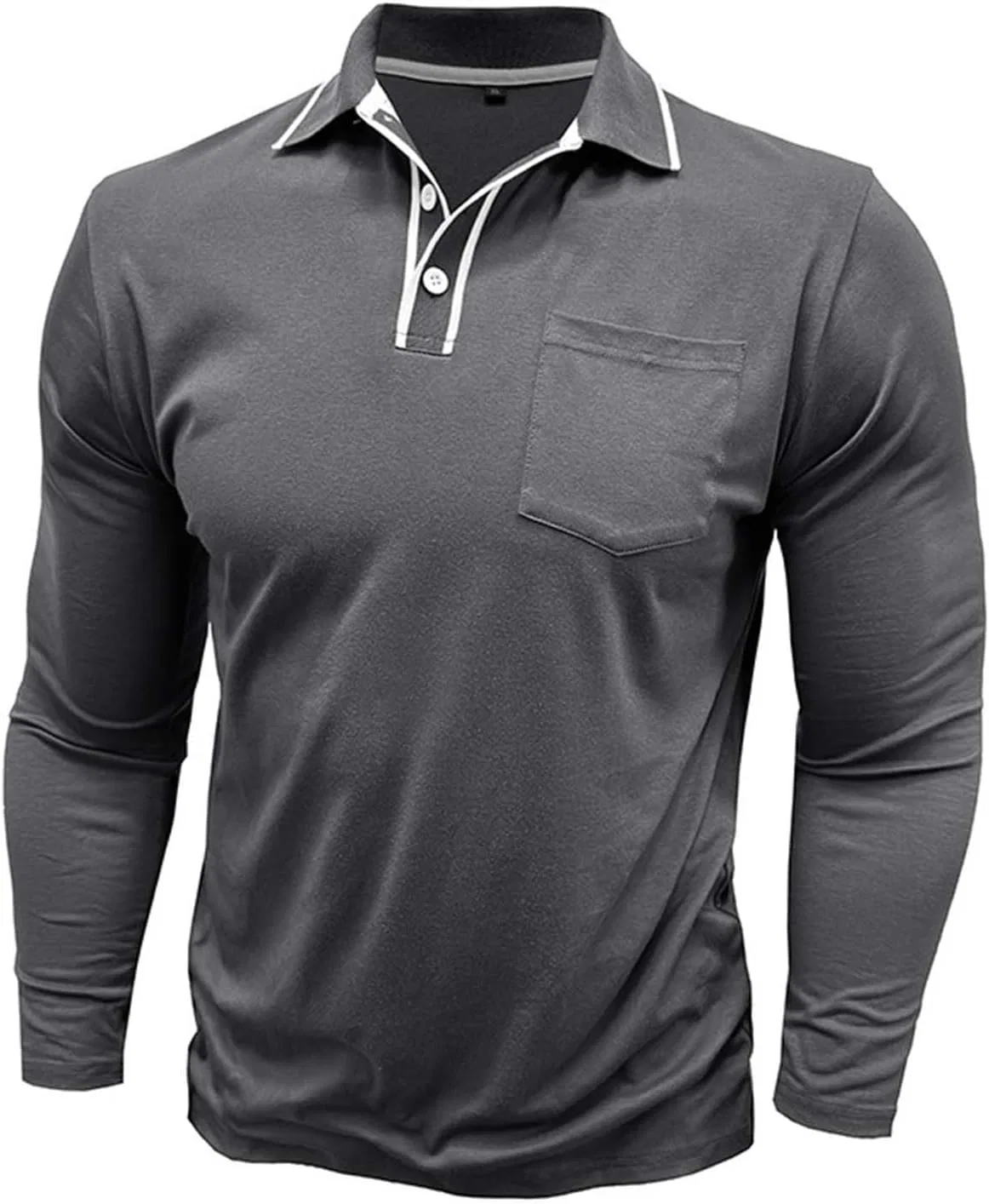 Мужская рубашка поло с длинным рукавом, с карманом, Dark Gray — фото 4