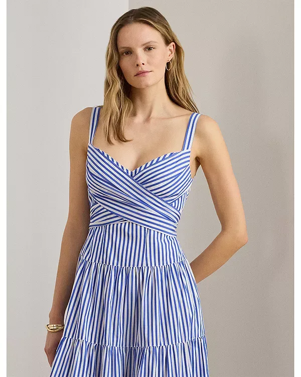 Полосатое многоярусное платье из сукна Ralph Lauren, Blue/White — фото 2