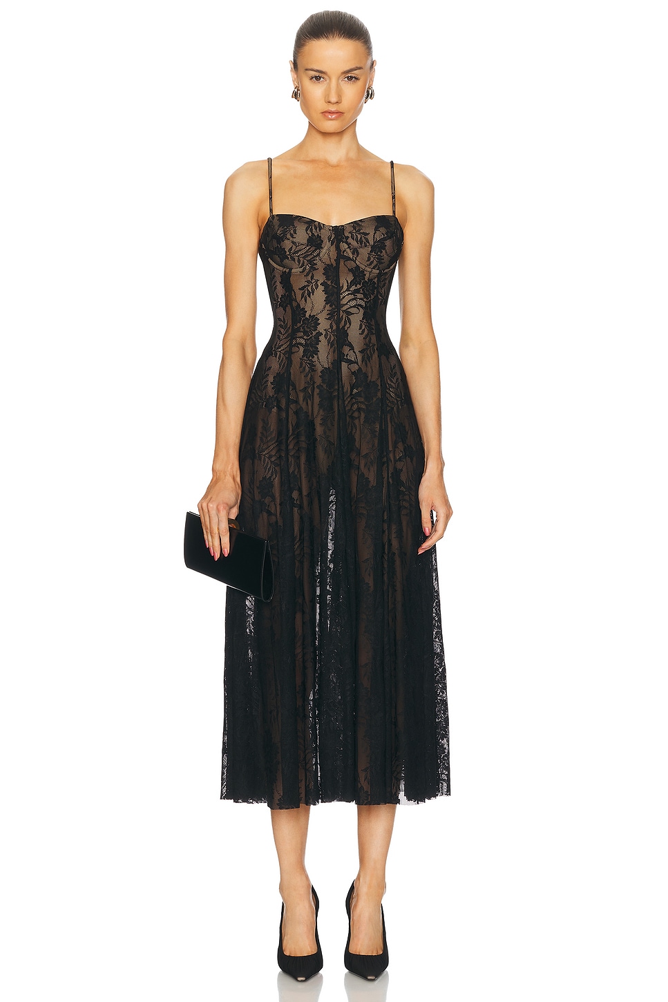 

Платье с косточками до середины икры с боди Norma Kamali, Black Stretch Lace & Nude
