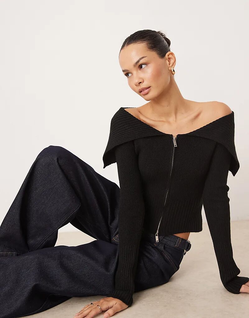 

Кардиган Gina Tricot с застежкой-молнией спереди и открытыми плечами черного цвета