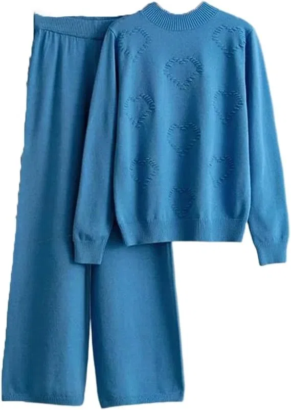Женский лонгслив и широкие брюки, вязаный костюм, Blue