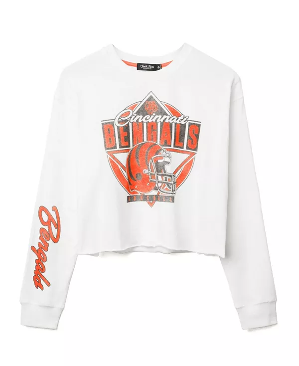 

Женская флисовая куртка с укороченным воротником в виде шлема команды «Цинциннати Бенгалс» (НФЛ). Junk Food Clothing, белый