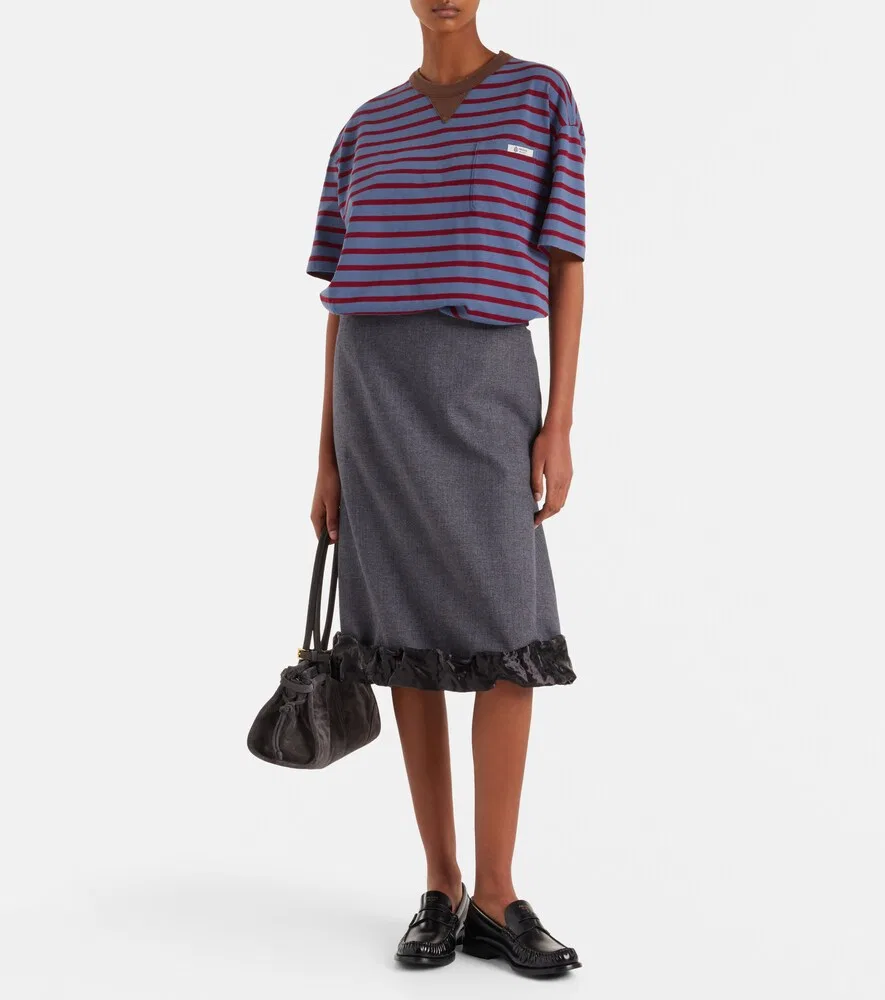Полосатая хлопковая трикотажная футболка Prada, синий — фото 2