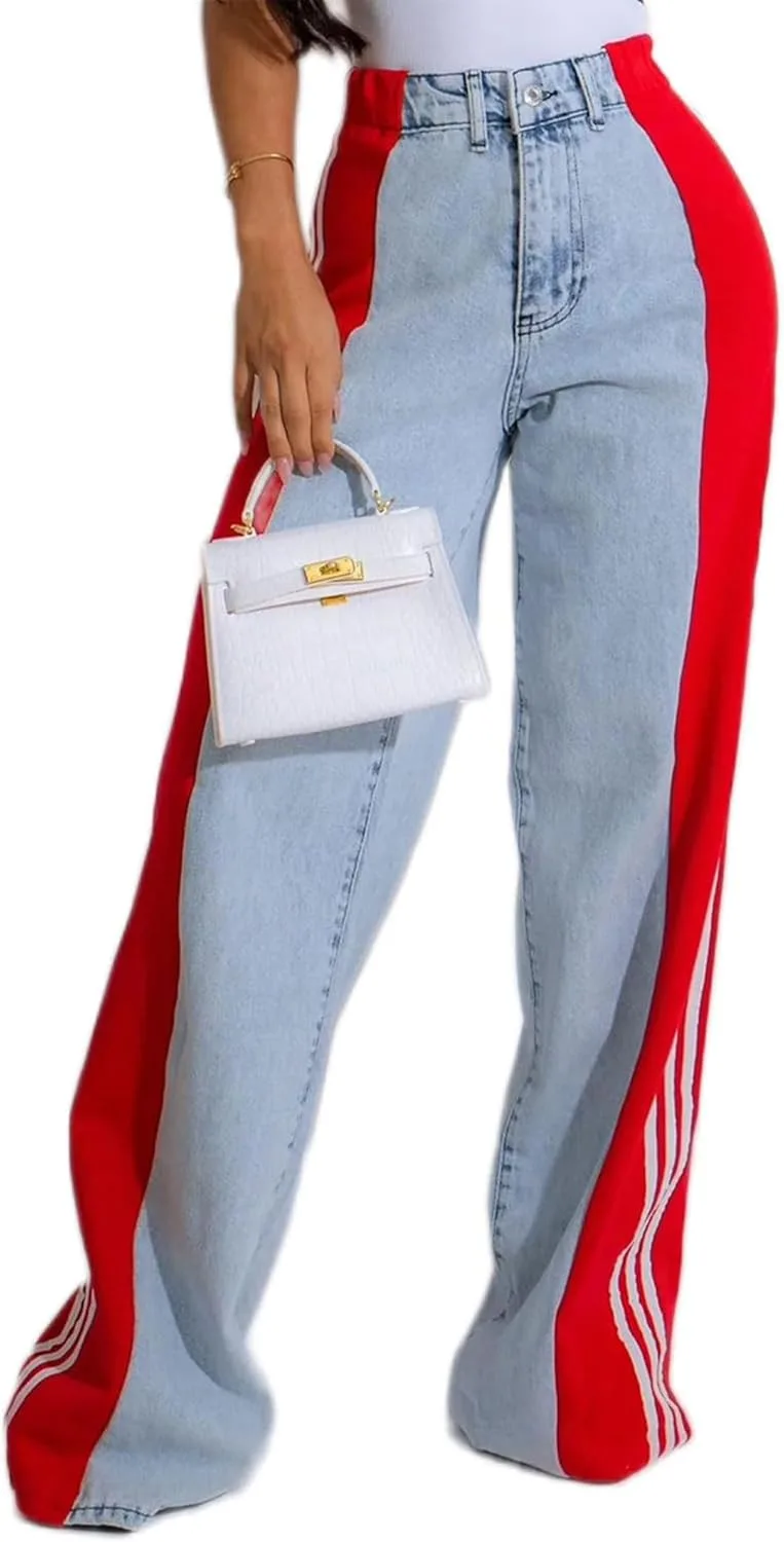 

Conshvi женские джинсы baggy wide leg high waisted patchwork stretchy stripes straight leg