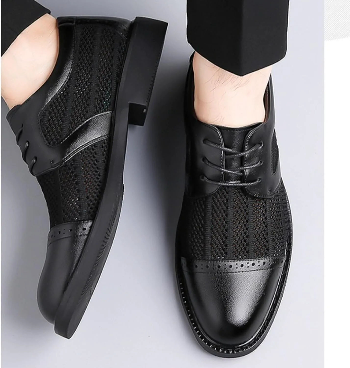 Мужские ретро туфли оксфорды с дышащей вязаной сеткой и кожей, на шнуровке, легкие, мягкие, с низким каблуком, с округлым носком, классические дерби для повседневной носки, прогулок, работы в офисе, свадеб и вечеринок Netehadi, черный — фото 4