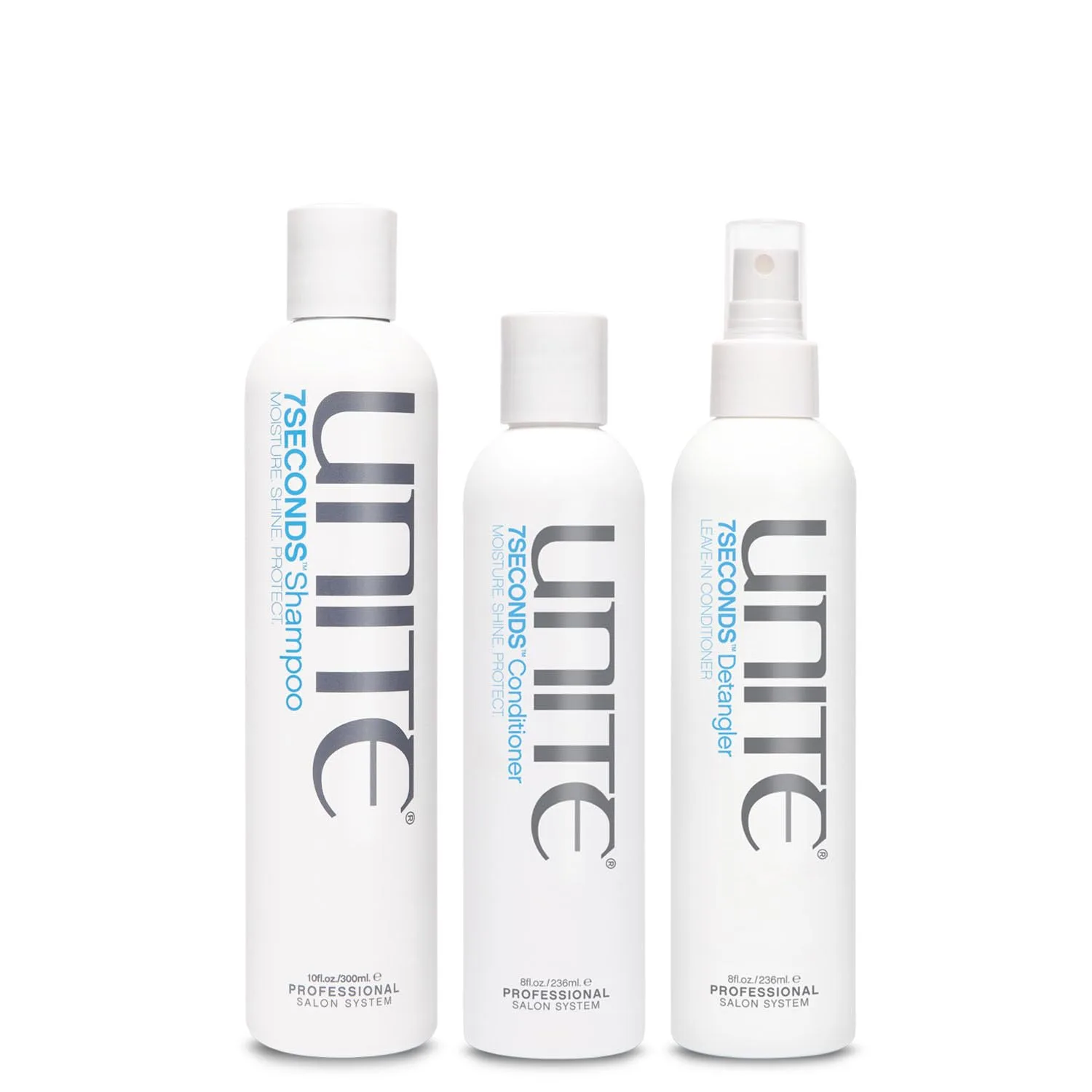 UNITE Hair - Шампунь, кондиционер и средство для распутывания волос 7SECONDS - Увлажняет, укрепляет и защищает - Защита от УФ-излучения и высоких температур - 237 мл, 287 мл и 237 мл
