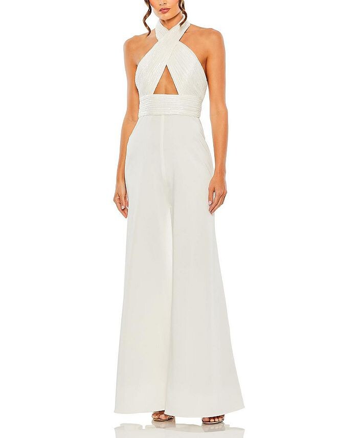 

Комбинезон с лямкой на бретельках Mac Duggal и пайетками через плечо, белый