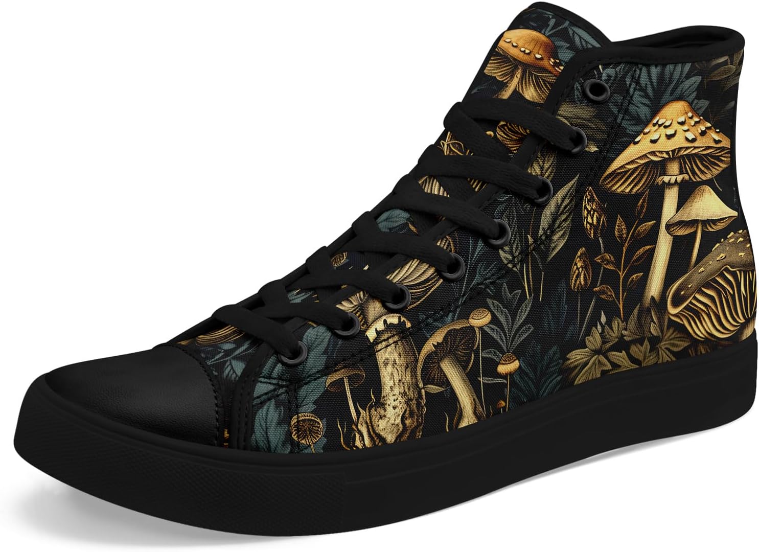 

Высокие кеды на холщовой основе AWSOLE «Грибной лес» для женщин и мужчин, винтажные готические стильные кроссовки с натуральным принтом, повседневная обувь, черный/синий/золотой