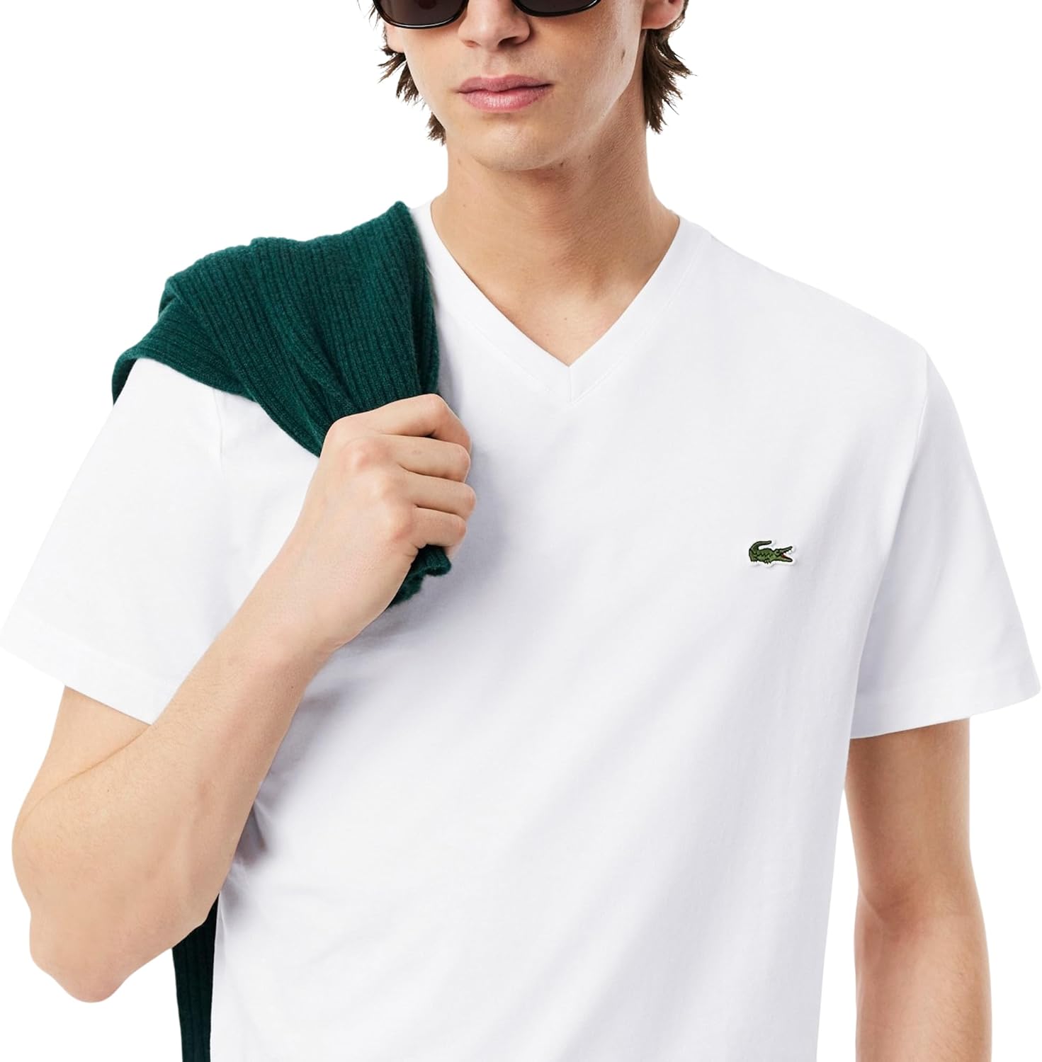 Мужская хлопковая футболка Lacoste с V-образным вырезом, White — фото 2