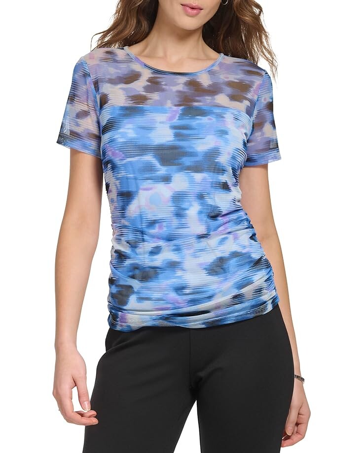 

Топ DKNY Short Sleeve Print Mesh, цвет Frosting Blue/White Multi