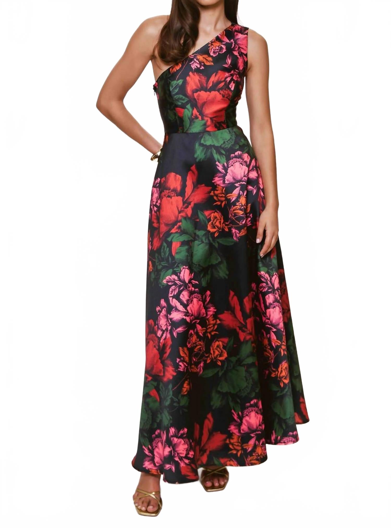 

Hutch Платье-макси на одно плечо Cassandra, черное с разноцветными вставками