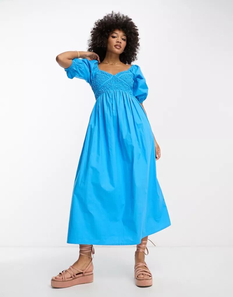 

Синее платье миди со сборками и корсетом ASOS