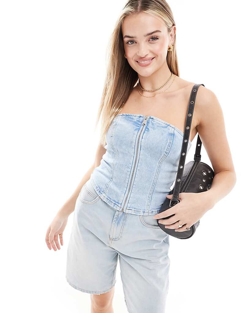 

Сине-серый джинсовый топ-бюстье без бретелек Tommy Jeans
