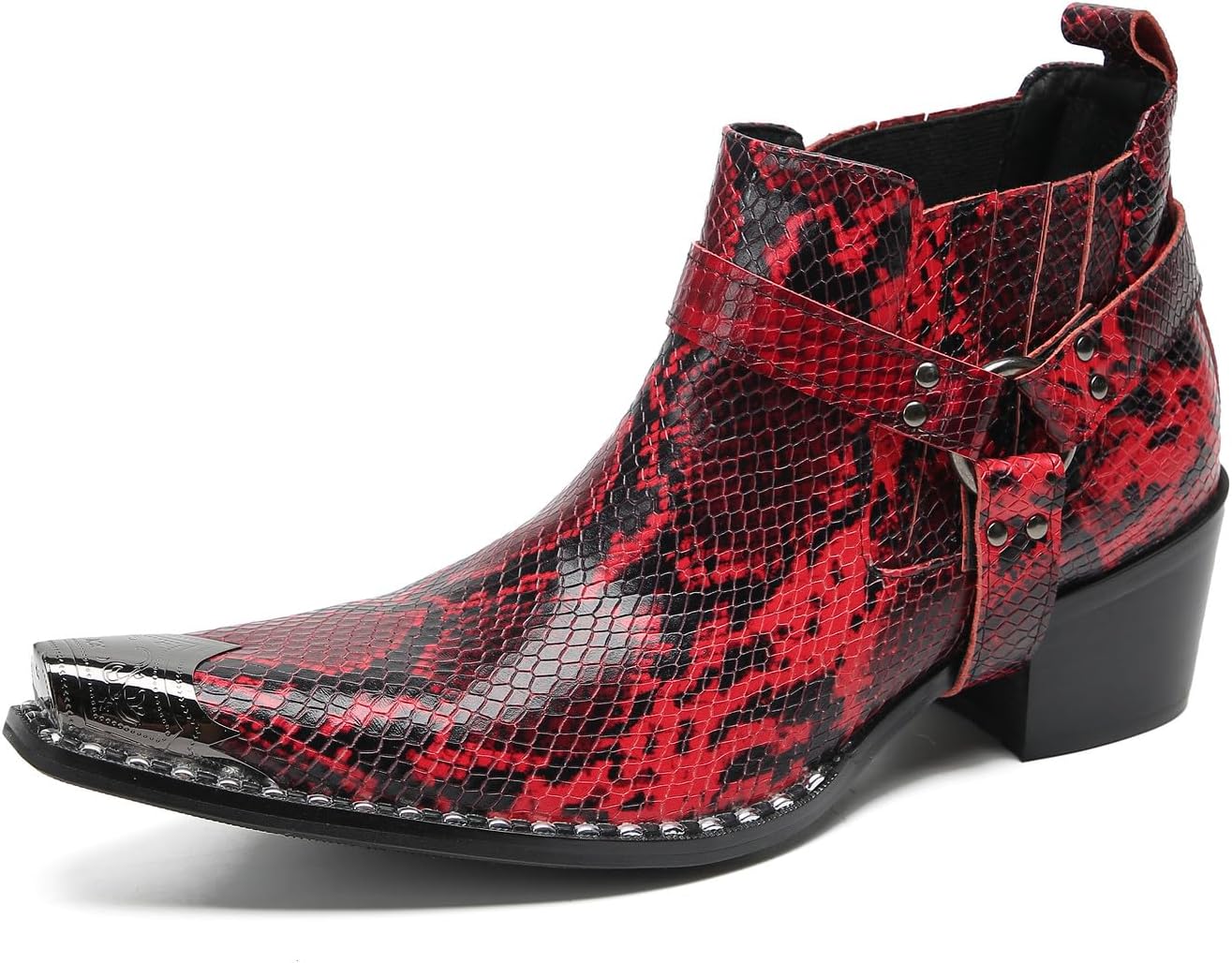 

Мужские ботинки Santimon Chelsea для повседневной носки и вечеринок, из натуральной кожи, с металлическим носком, без шнуровки, с принтом «змея», ковбойские ботинки с модной пряжкой, короткие вестерн-башмаки для мужчин, красный