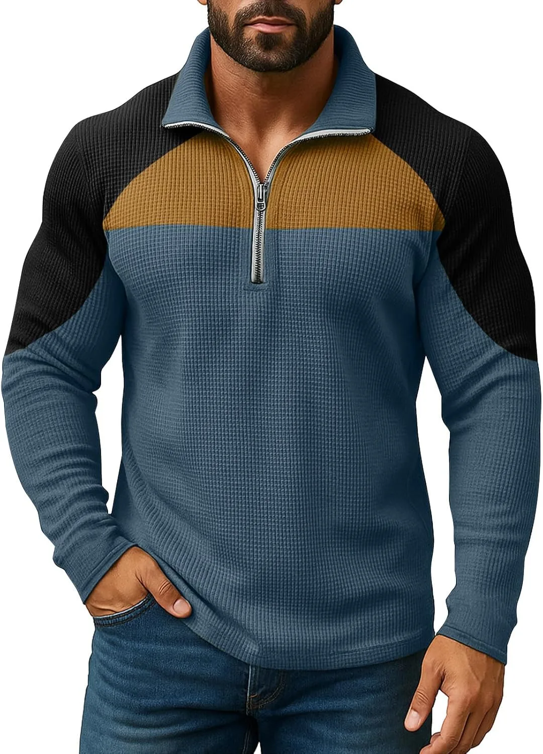 

Поло с воротником-стойкой и длинными рукавами, цвет блок, slim fit tobchonp