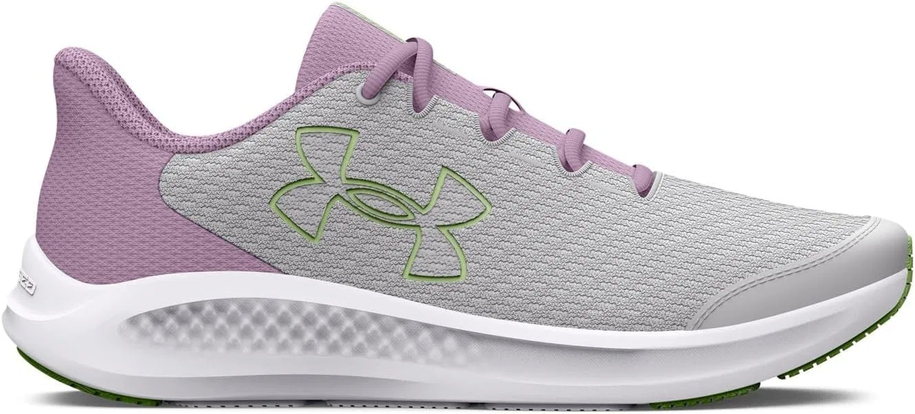 Кроссовки Under Armour Girls' Grade School Pursuit 3 Big Logo для бега в младшей школе, 100 Grey Halo Fresca Orchid Lumos Lime — фото 3