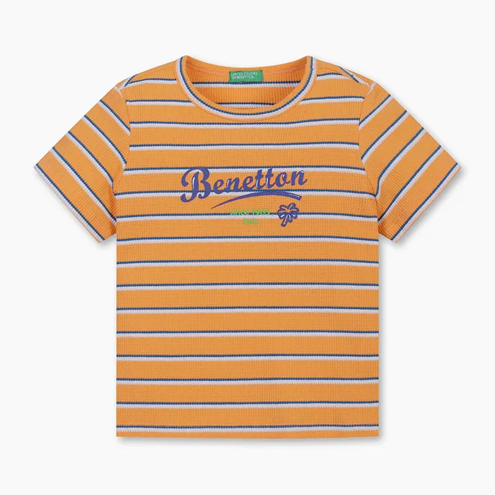 Детская оранжевая футболка в вафельную полоску от Benetton Kids