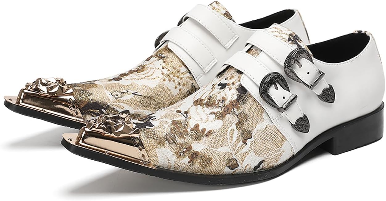 

Мужские лоферы Santimon с двойным ремешком Monk Strap - кожаная обувь для повседневной носки и торжеств с заостренным металлическим носком и цветочным жаккардовым узором для вечеринок, свадеб, выпускных и ночных выходов, белый