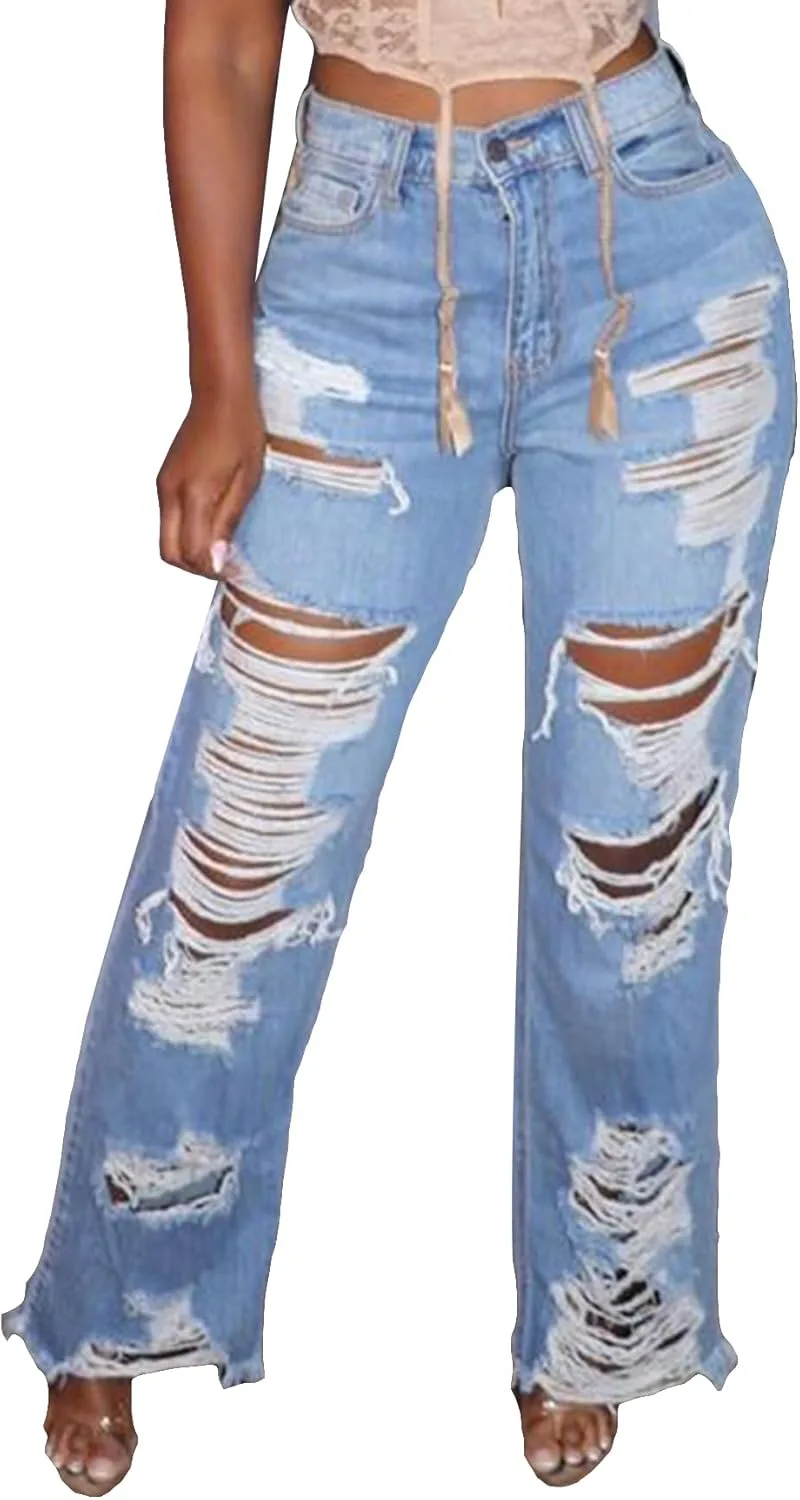 

Ecirod широкие джинсы для женщин с высокой посадкой, рваные и потертые