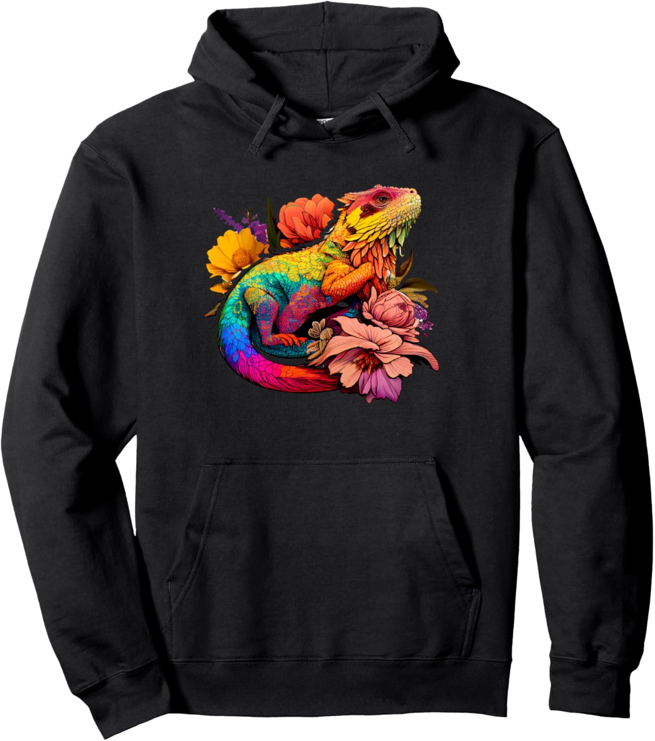 

Худи с изображением радужного бородатого дракона и цветка Colorful Rainbow Bearded Dragon Lover Florals, черный