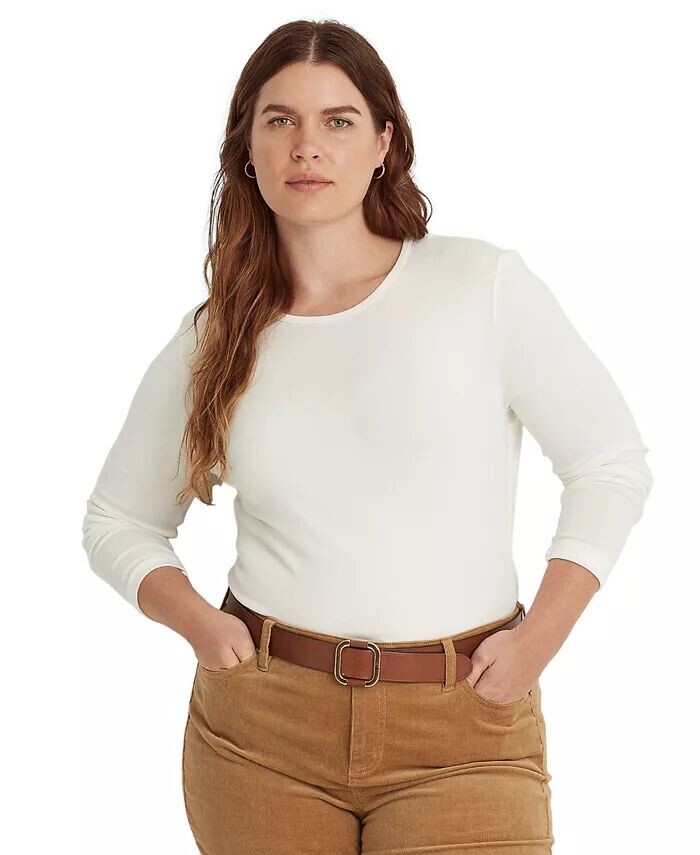 

Эластичная футболка с длинными рукавами больших размеров Lauren Ralph Lauren, белый