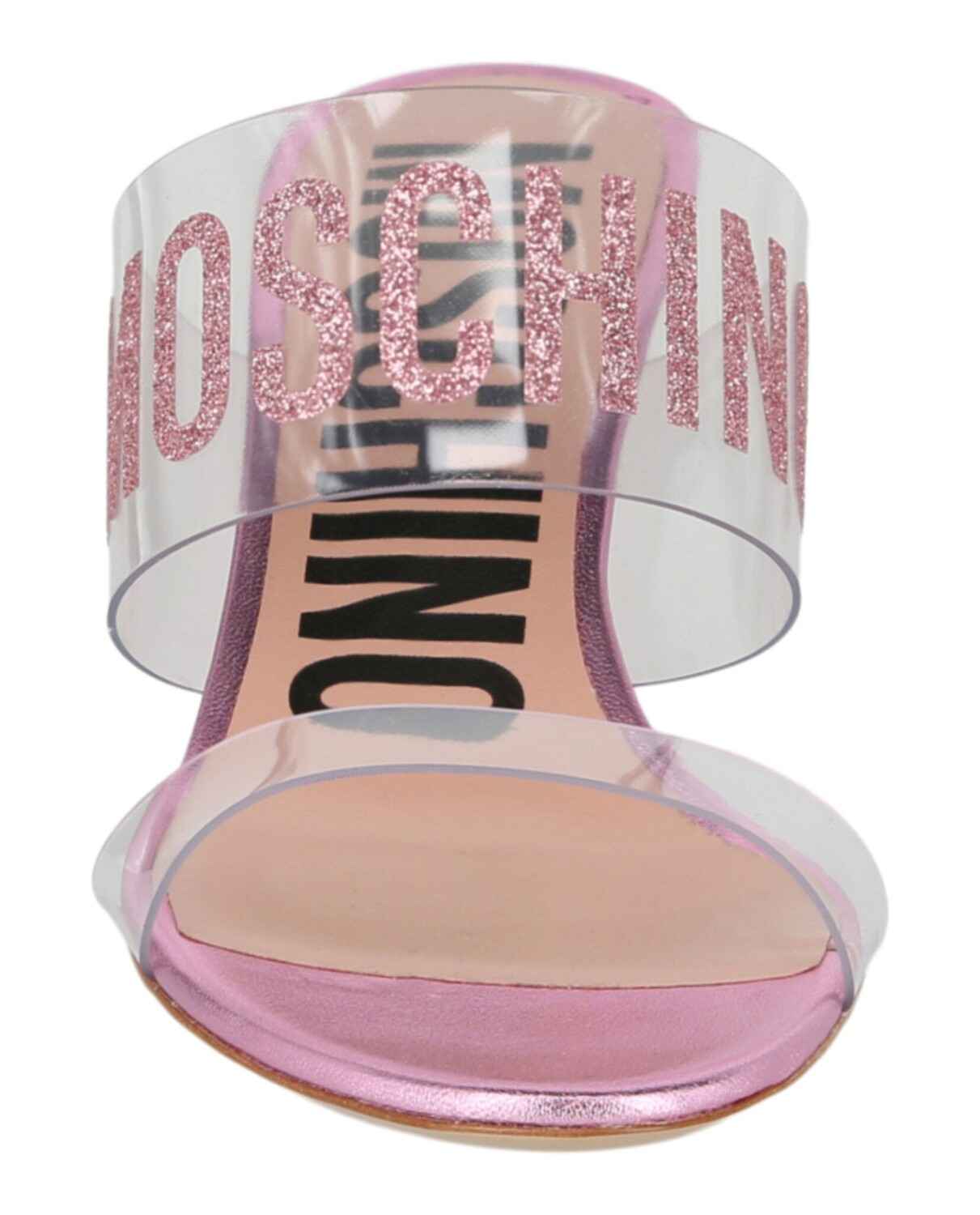 

Босоножки на каблуке с блестящим логотипом Moschino, цвет Transparent Pink