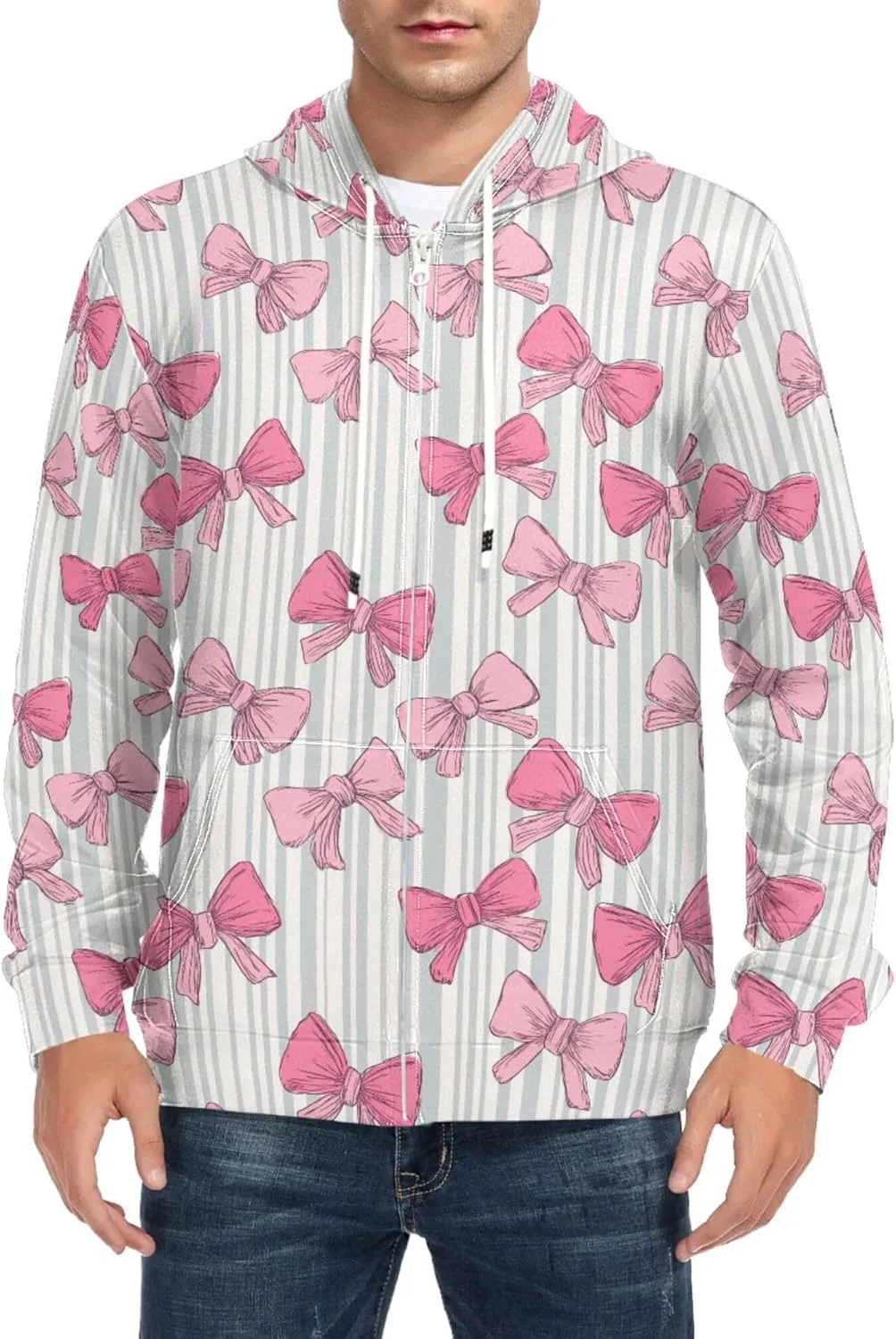 

Мужская толстовка с полной молнией Vintage Pink Bows на полоску с длинным рукавом и карманом CUPADA