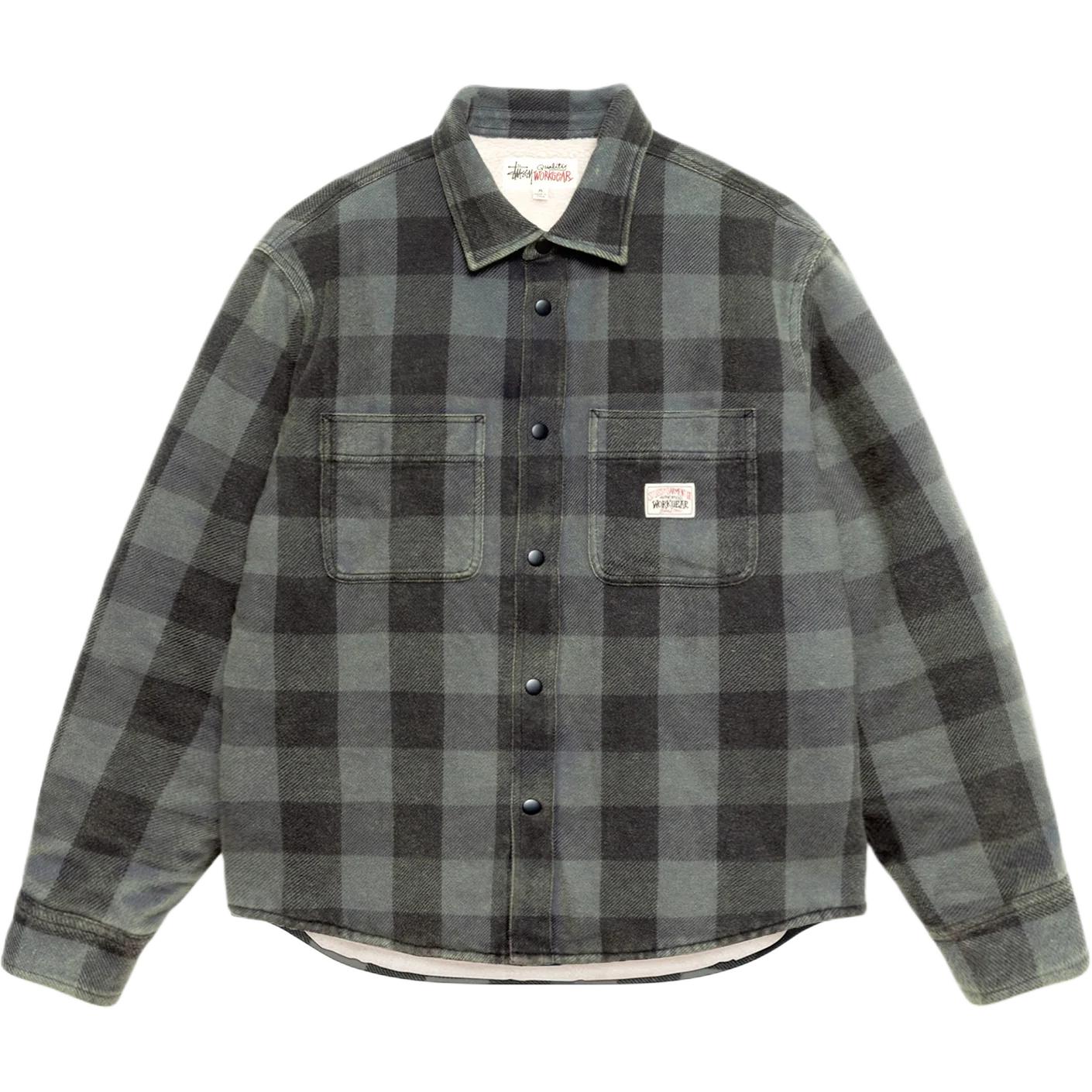 

Рубашка в клетку баффало с подкладкой из шерпы Stussy, серый