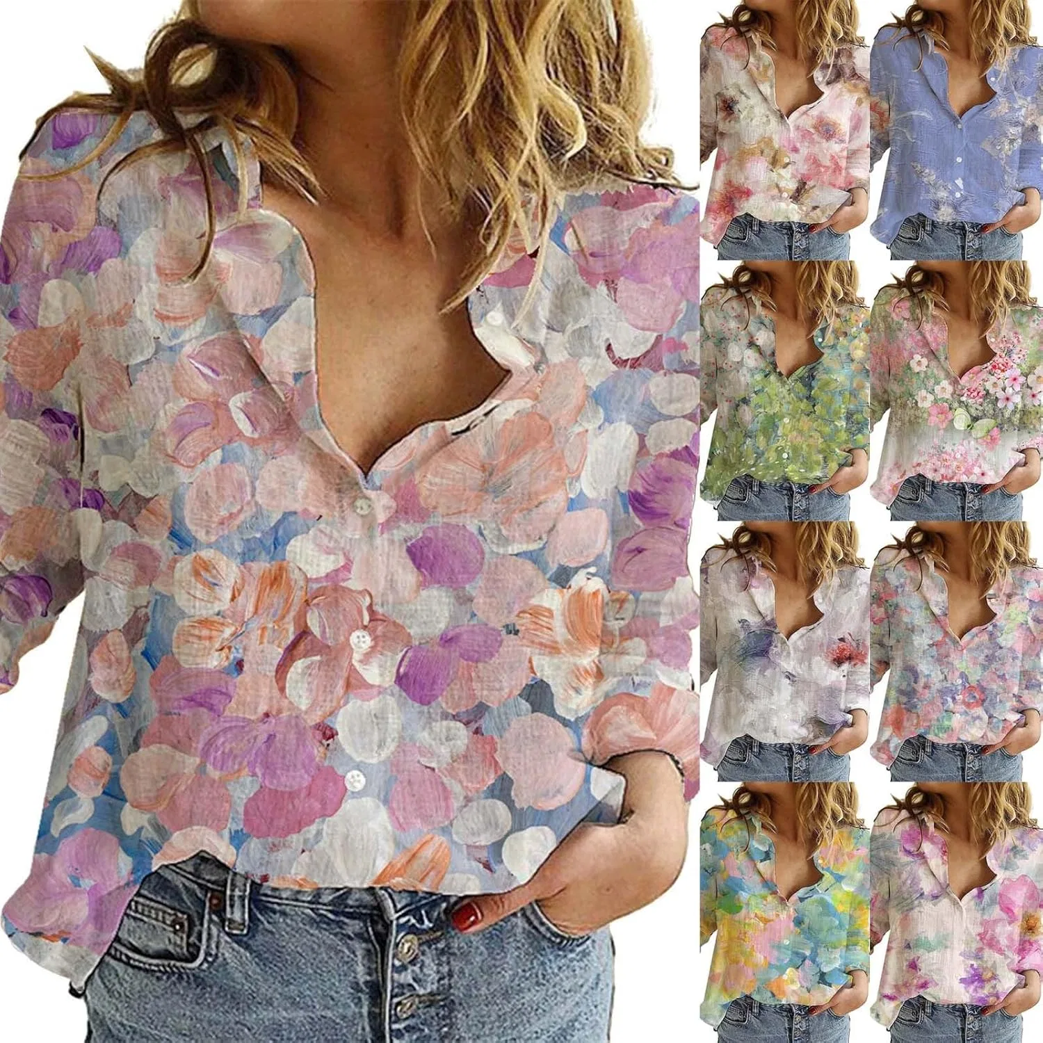 Блуза с цветочным принтом, V-образным вырезом, длинным рукавом, женская, серый — фото 2