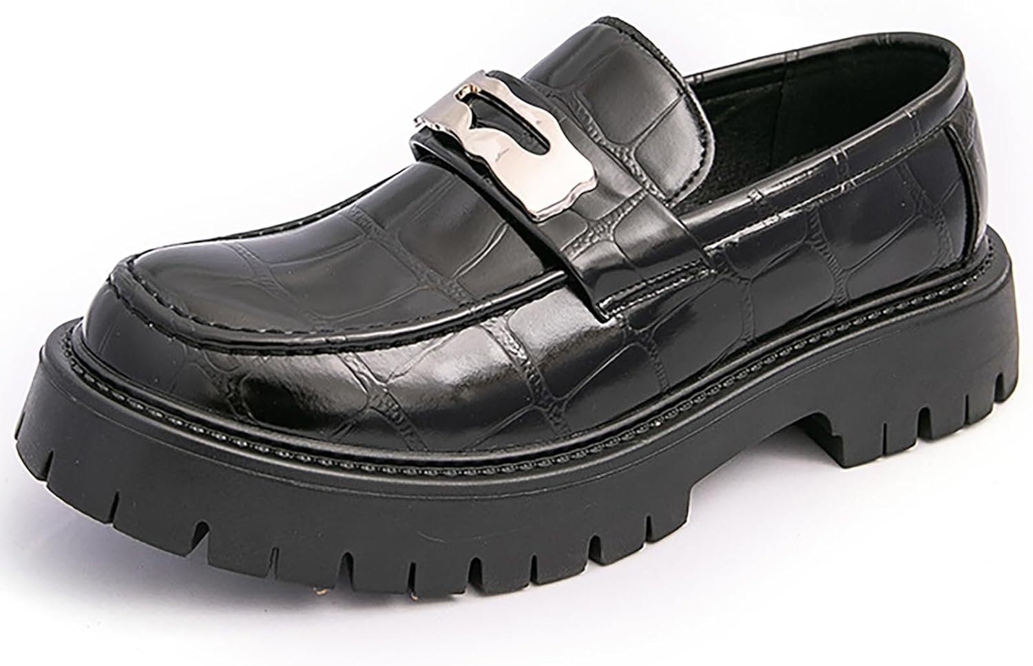 

Мужские кожаные туфли-лоферы на платформе с принтом, роскошные, с круглым носком, без шнурков, комфортная подошва с рифлением, противоскользящие, на низком каблуке, деловые и туфли для вечеринок, свадеб и выпускных Qeosnbx, черный