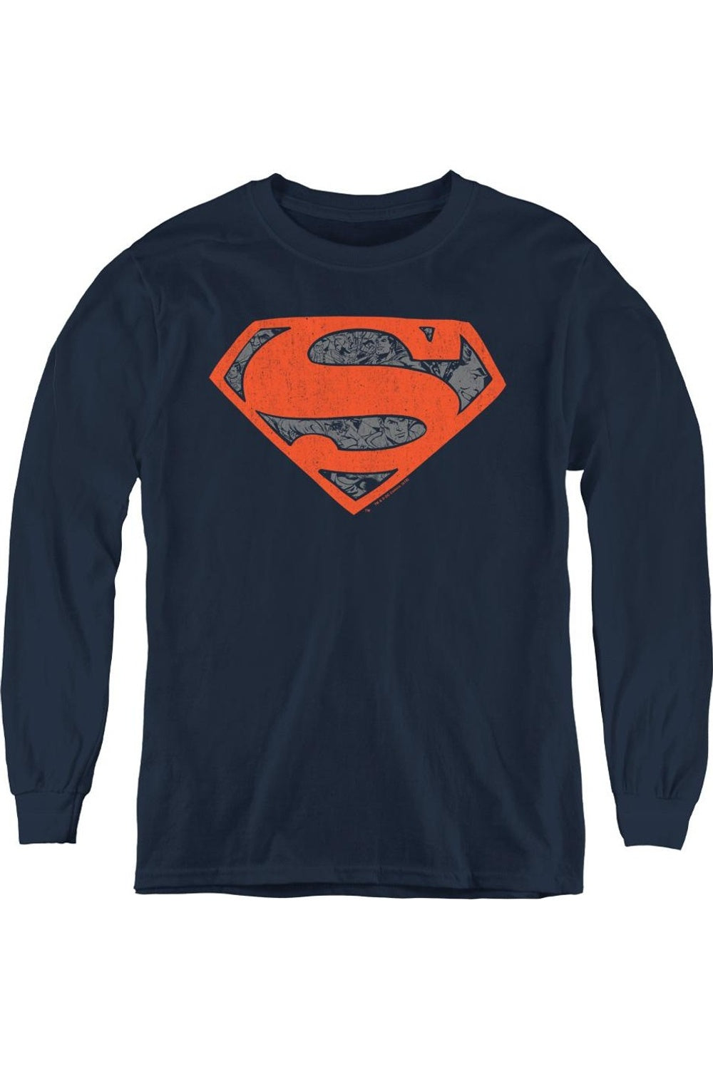 

Футболка с длинным рукавом для подростков с коллажем из винтажных щитов Superman Gildan, темно-синий