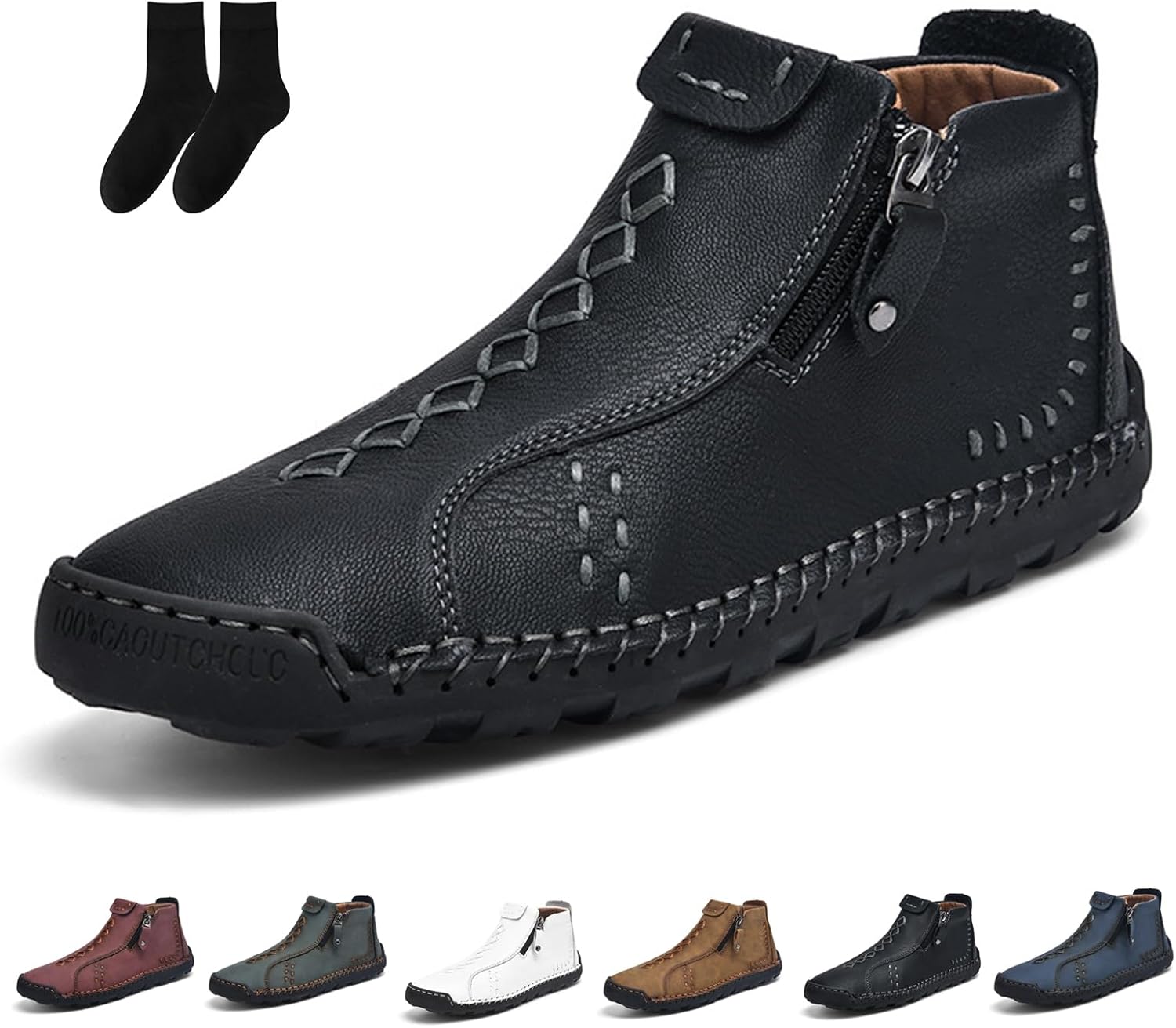 

Мужские повседневные кожаные туфли с ручной работой, на щиколотку, с боковой молнией, средней посадки, слипоны, лоферы для ходьбы, вождения, износостойкие туристические ботинки Generic, черный