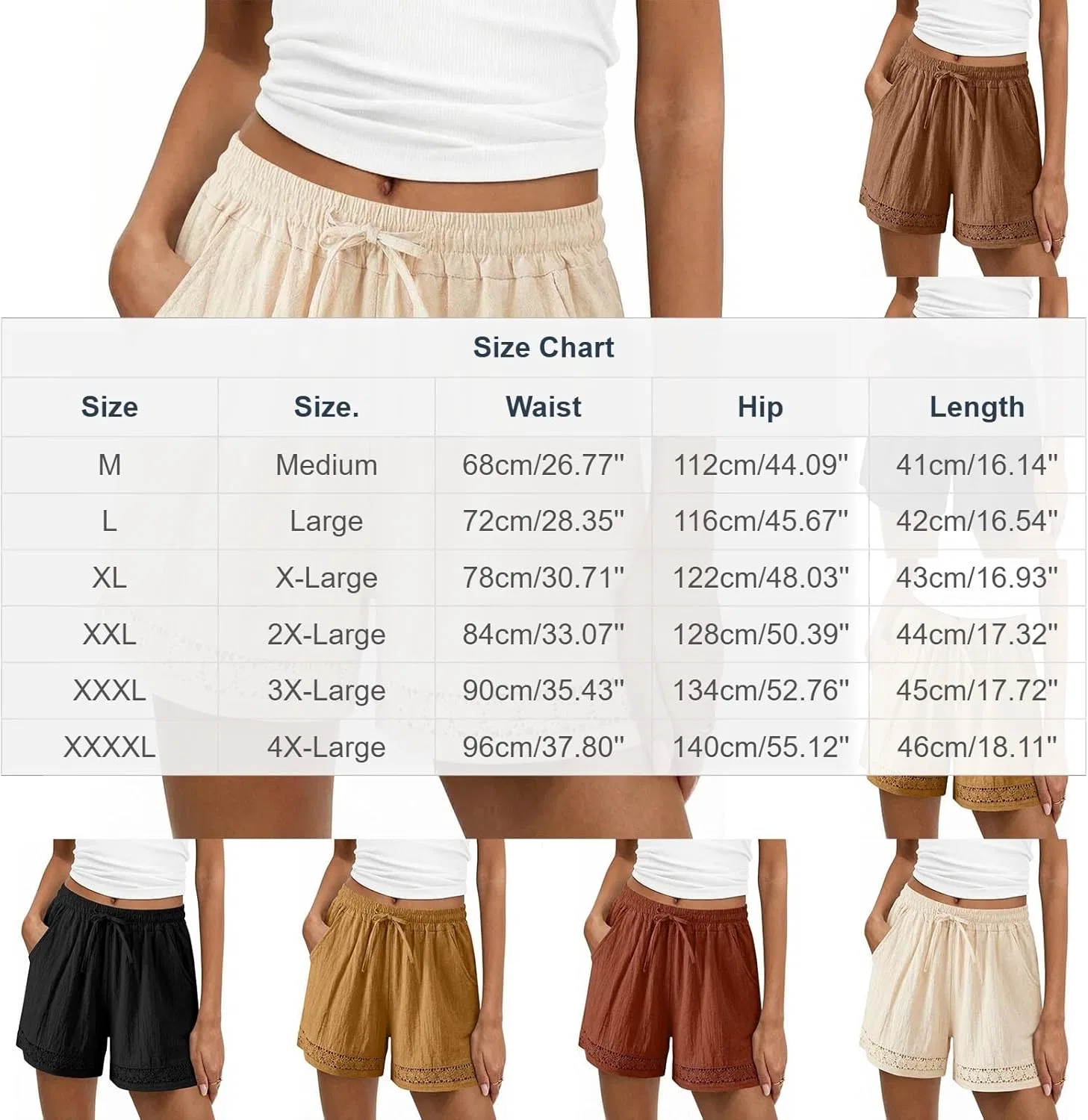 Шорты женские с кружевом, хлопок-лен, Elastic Waist Drawstring, Beige — фото 4
