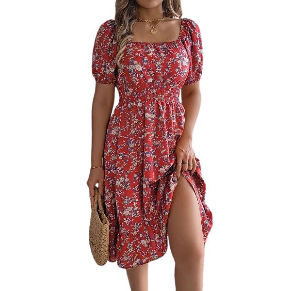 

Женское богемное платье с цветочным принтом, квадратным вырезом и рукавами-фонариками Yesfashion, Red Florals