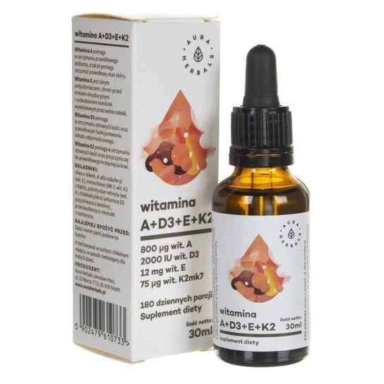 

Aura Herbals, Витамин A + D3 + E + K2 Mk7, 30 мл