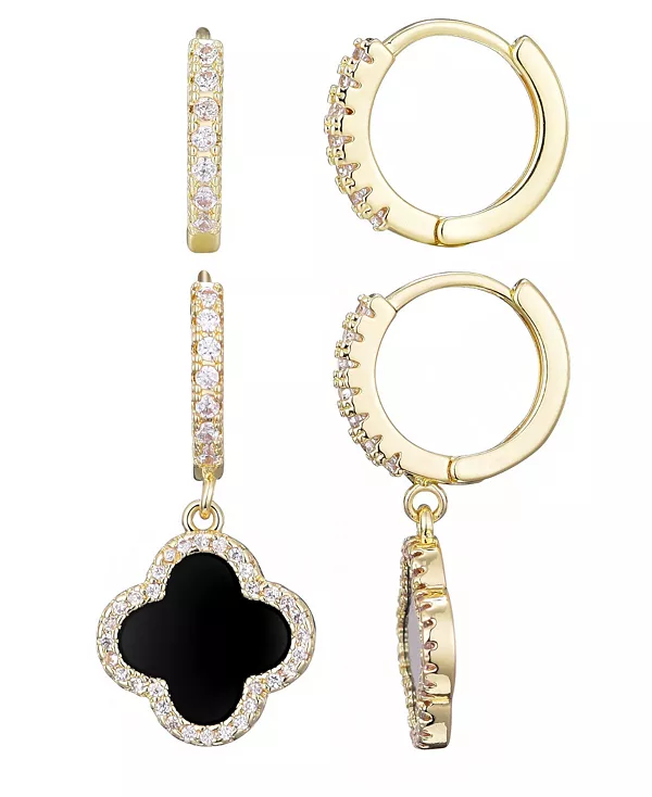 

Комплект серег-хагге с позолоченными кубическими цирконами и ореолом «Черный клевер» Adornia, black