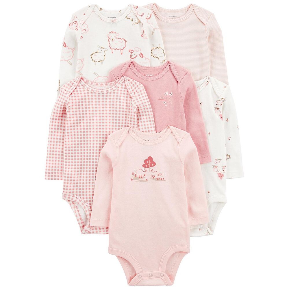 

Комплект из 6 боди с длинными рукавами и изображением сельскохозяйственных животных Carter для маленьких девочек Carter's, цвет Pink Farm Animals