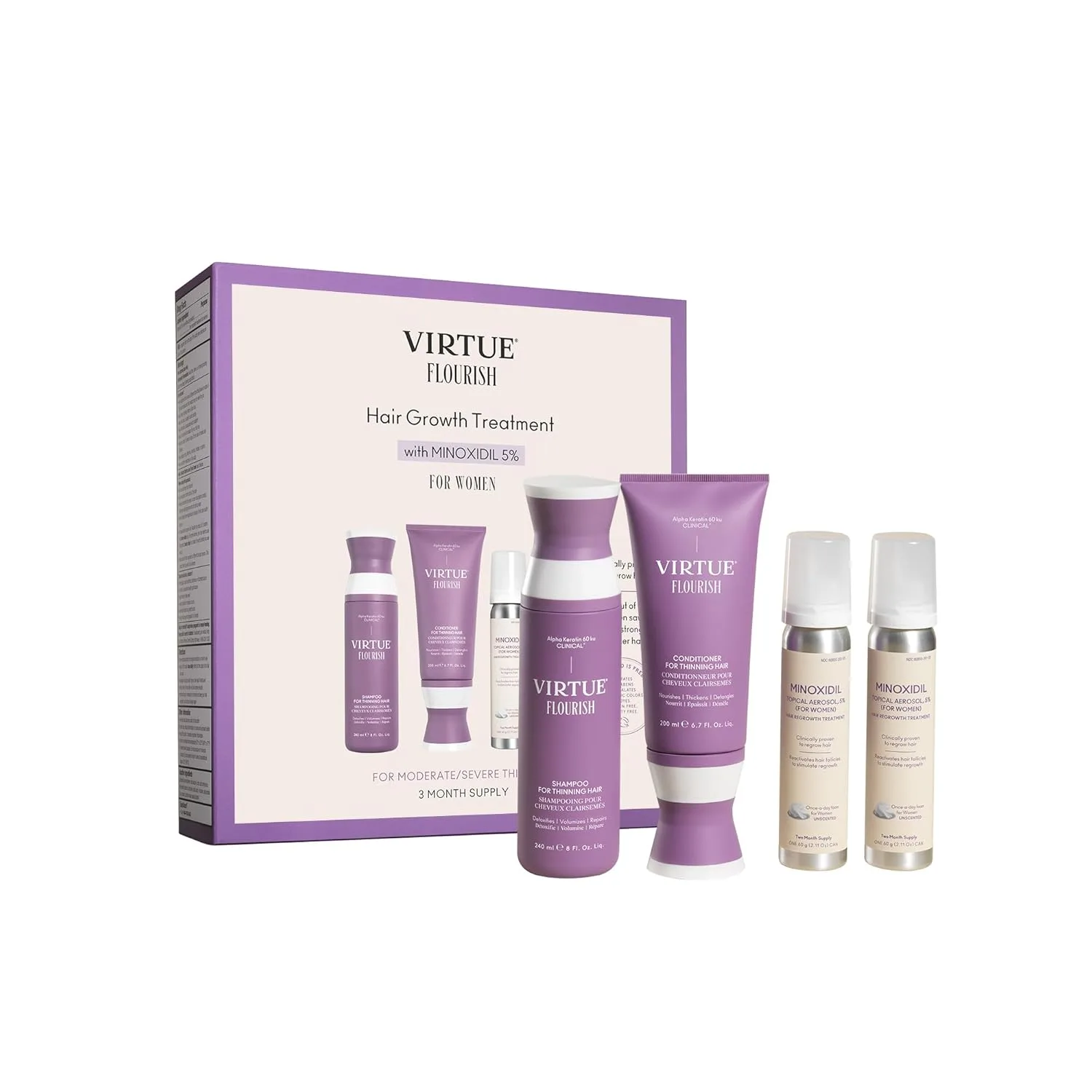 Пена для роста волос Virtue Flourish для женщин с 5% миноксидилом, подходит для тонких и редеющих волос, не содержит сульфатов, безопасна для окрашенных волос.