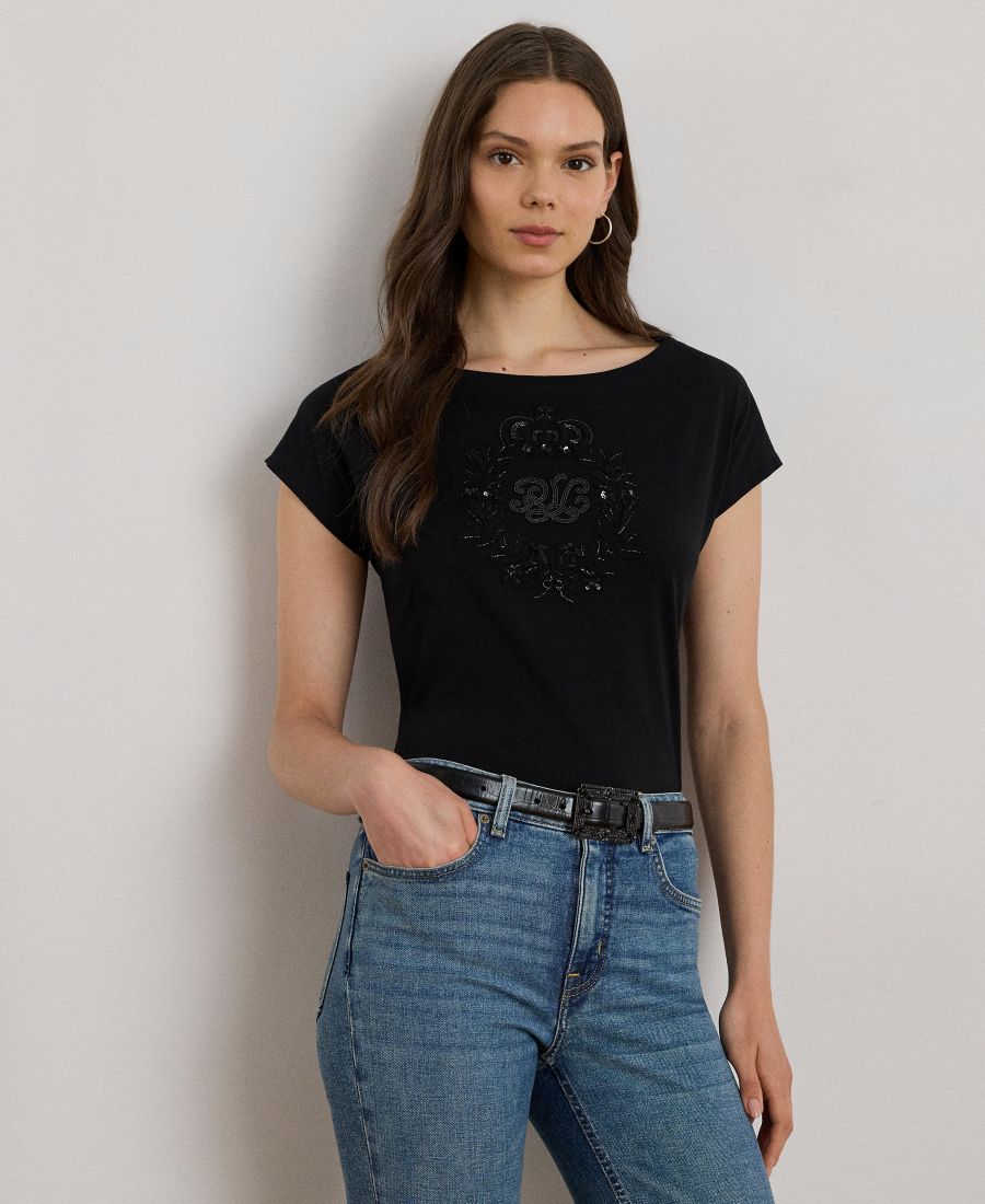 

Женская трикотажная футболка с вырезом-лодочкой и пайетками, размеры P/XS-XXL Lauren Ralph Lauren, Black