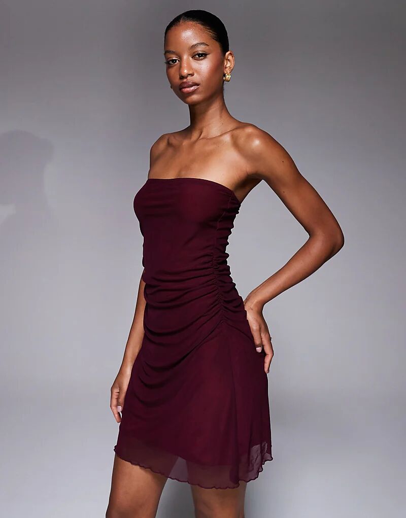 

Мини-платье-бандо Fashionkilla с сетчатым накладным верхом и сборками на талии в сливовом цвете