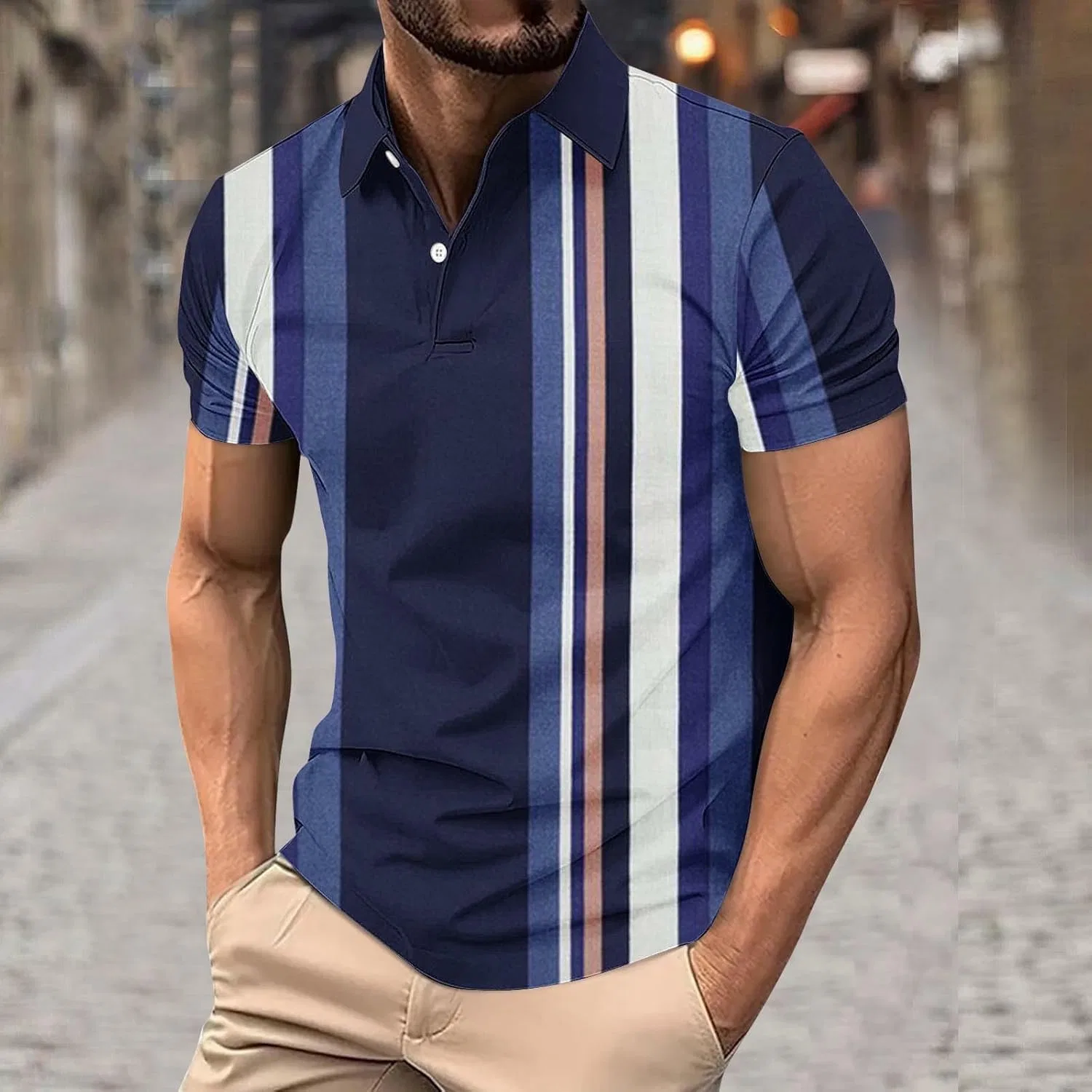 Мужская футболка с воротником-стойкой, короткий рукав, сетка, Polyester, I-638 Dark Royal Blue — фото 2
