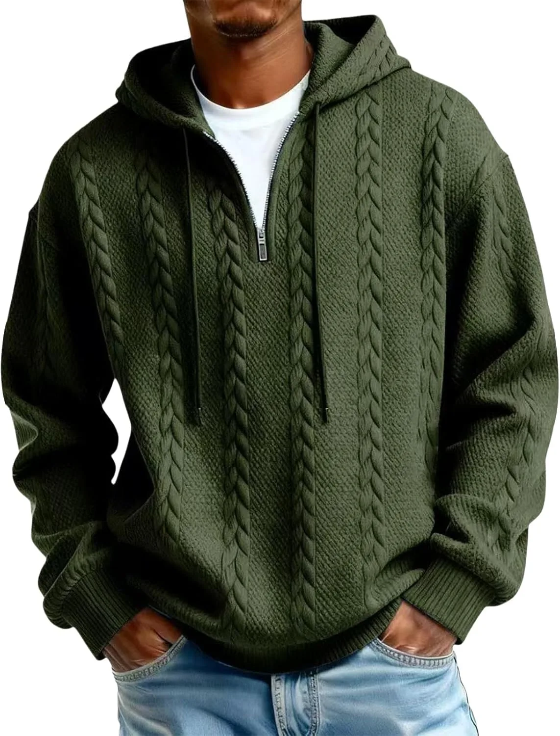 

Мужской худи с полумолнией и рельефной вязкой для прохладной погоды