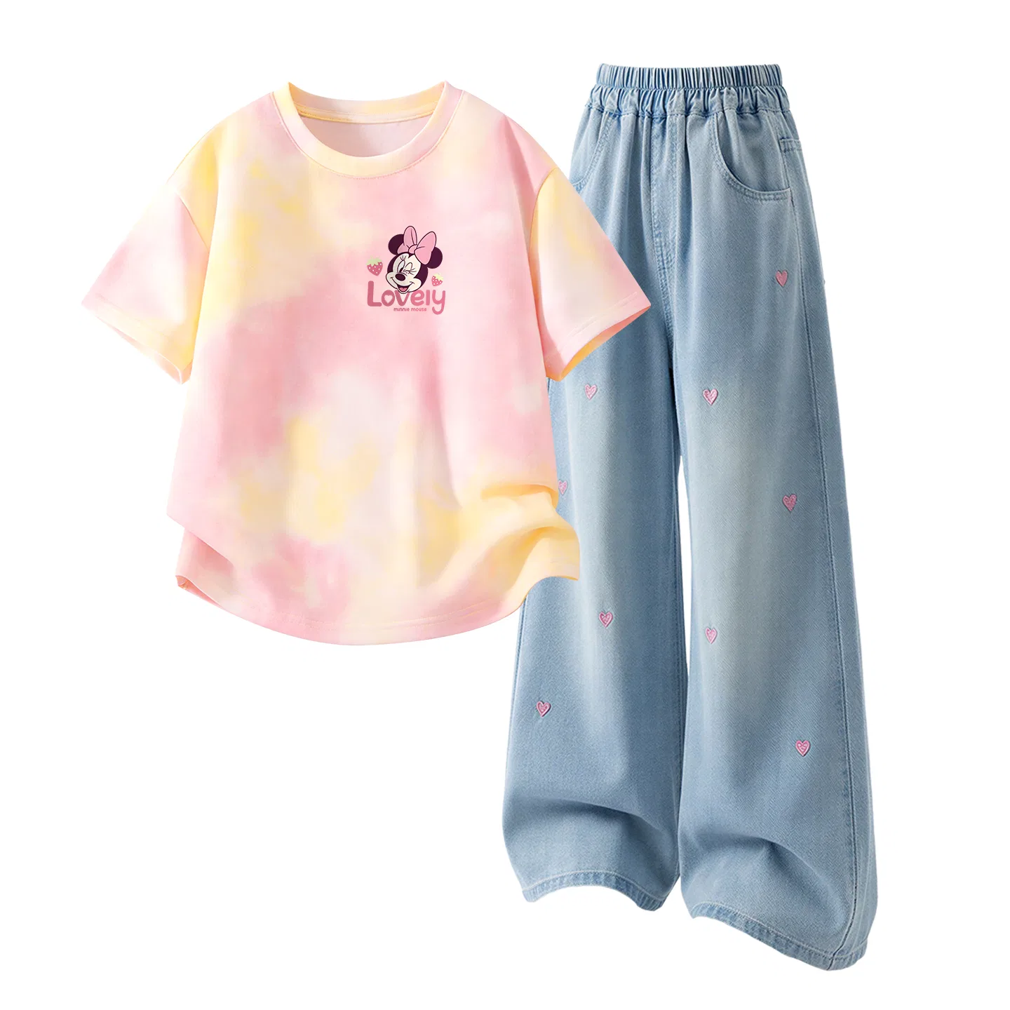 Детская повседневная спортивная футболка с круглым вырезом Disney, Di Xin Sweet K Yellow Pink+Solid Color Denim Light Blue