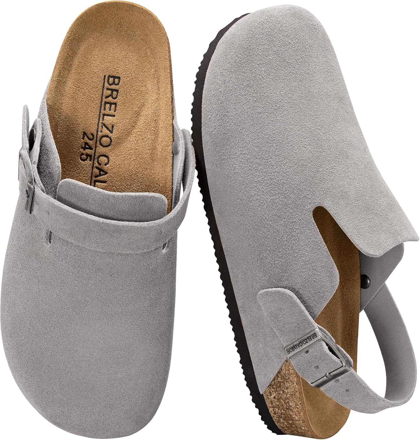 

Замшевые сабо для женщин и мужчин, кожаные мюли, мягкие туфли-картошки, шлепанцы с поддержкой свода стопы и регулируемой пряжкой, нескользящие Brelzo Calvior, серый